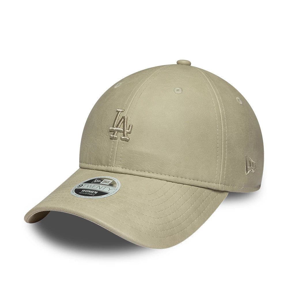 LA Dodgers Womens MLB Washed PU Light Beige New Era 9TWENTY Adjustable Cap, three-quarter view showing the embroidered LA logo on the front panel, curved visor with a 9TWENTY size sticker, and New Era flag logo on the left side.