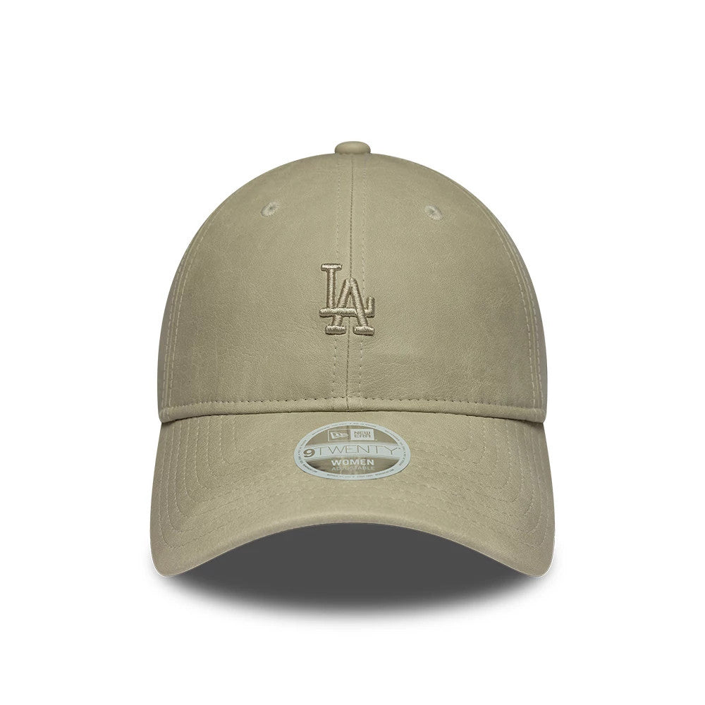 LA Dodgers Womens MLB Washed PU Light Beige New Era 9TWENTY Adjustable Cap, front view showing the embroidered LA logo in matching light beige on the front panel, with a curved visor and a 9TWENTY size sticker on the visor.