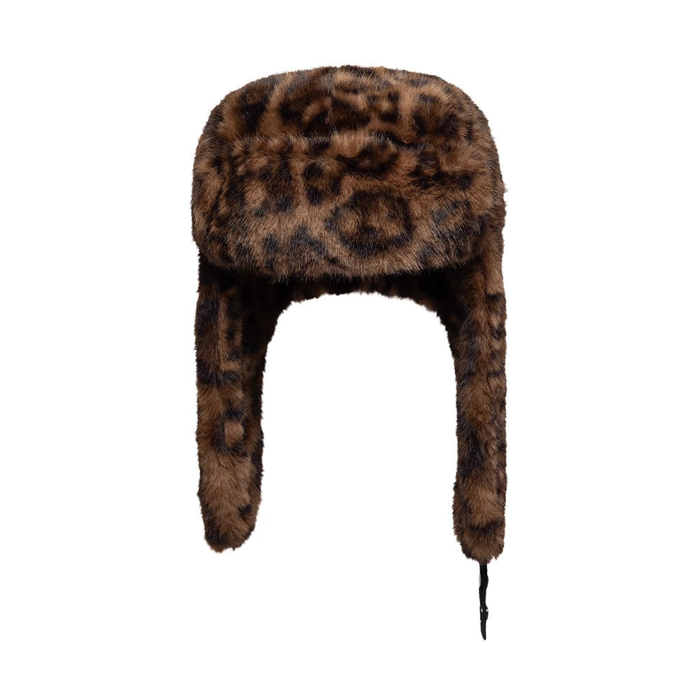 New Era Leo Faux Fur Dark Brown Trapper Hat, front view showing a textured faux fur design with a leopard print pattern, featuring ear flaps that hang down on either side and a short front visor.
