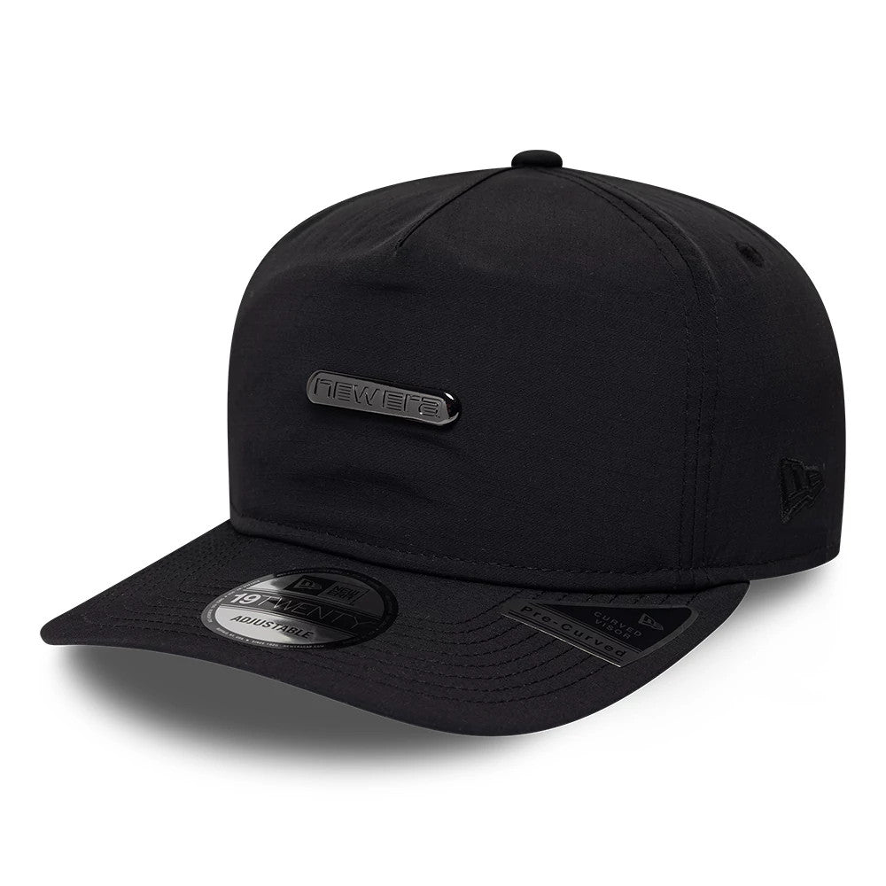 New Era Ripstop Sport Black 19TWENTY Adjustable Cap, front view showing a black New Era logo on the centre of the front panel, a curved visor with a 19TWENTY size sticker, and the New Era flag logo on the left side.