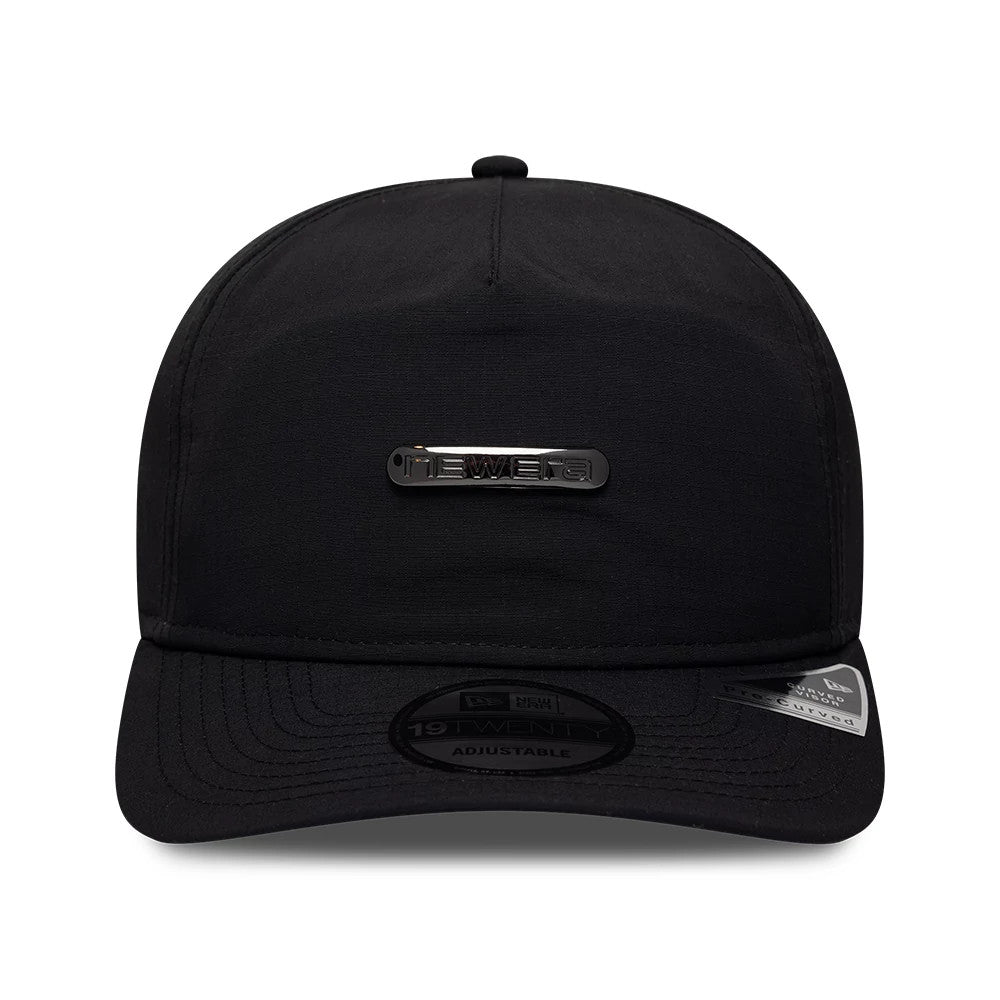 New Era Ripstop Sport Black New Era 19TWENTY Adjustable Cap, front view showing a black New Era plaque on the front panel, a curved visor with a 19TWENTY size sticker, and stitching details on the black crown.