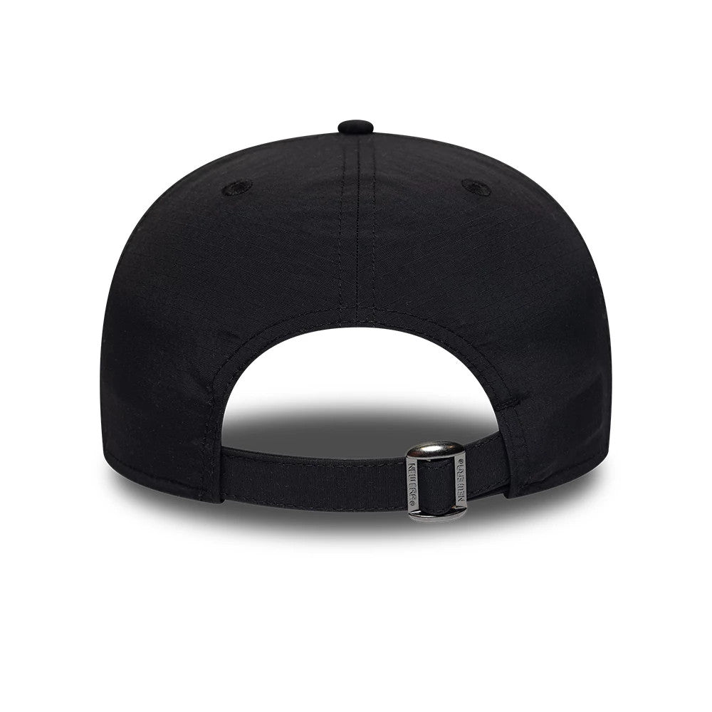 New Era Ripstop Sport Black 19TWENTY Adjustable Cap, rear view showing the buckle and strap closure, two eyelets on the back panels, and a top button, all in black ripstop fabric for a classic and functional design.
