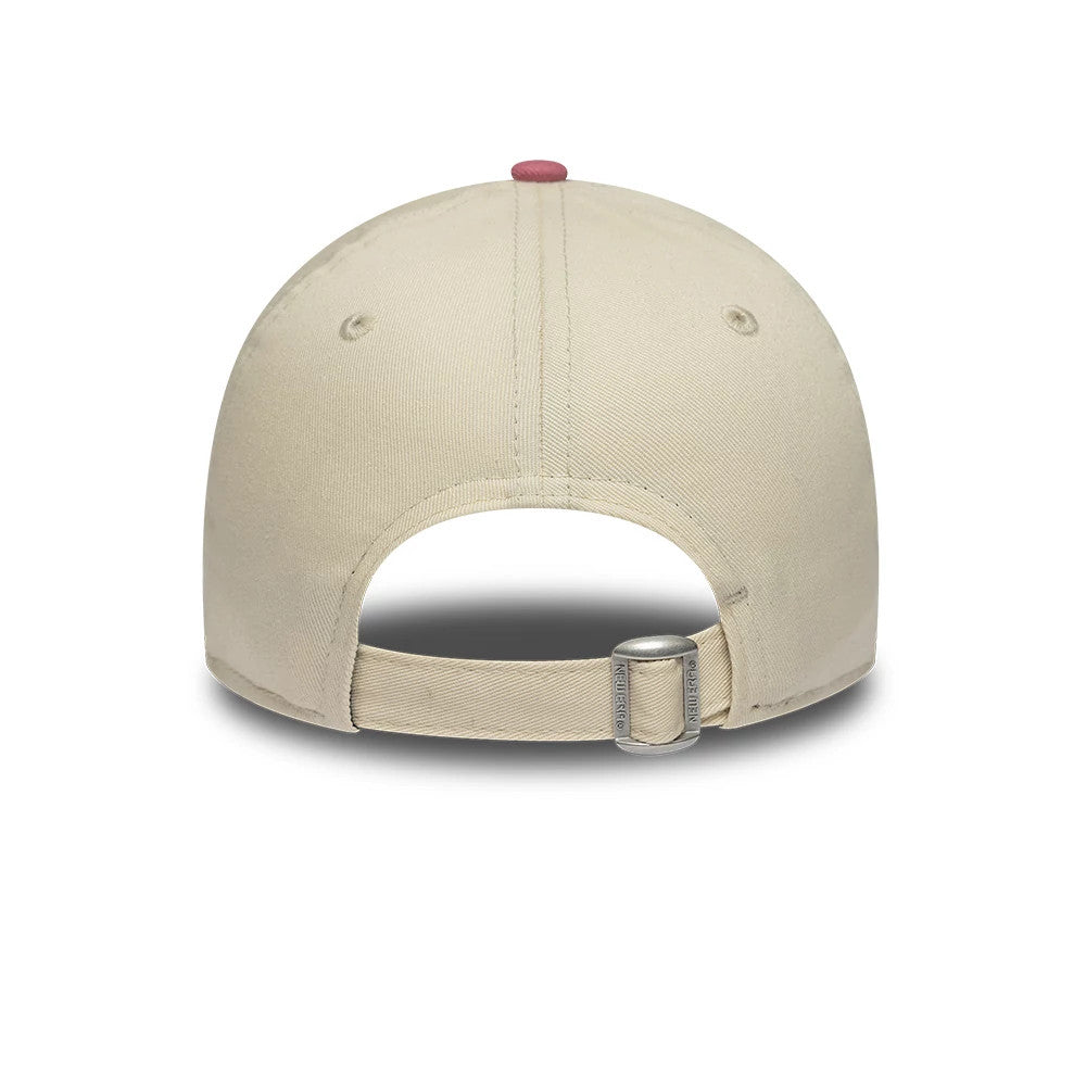 Yankees Youth MLB League Essential Light Beige & Pink New Era 9FORTY Adjustable Cap, rear view showing the absence of a back logo, with a light beige adjustable strap featuring a buckle, and a pink top button on the structured crown.