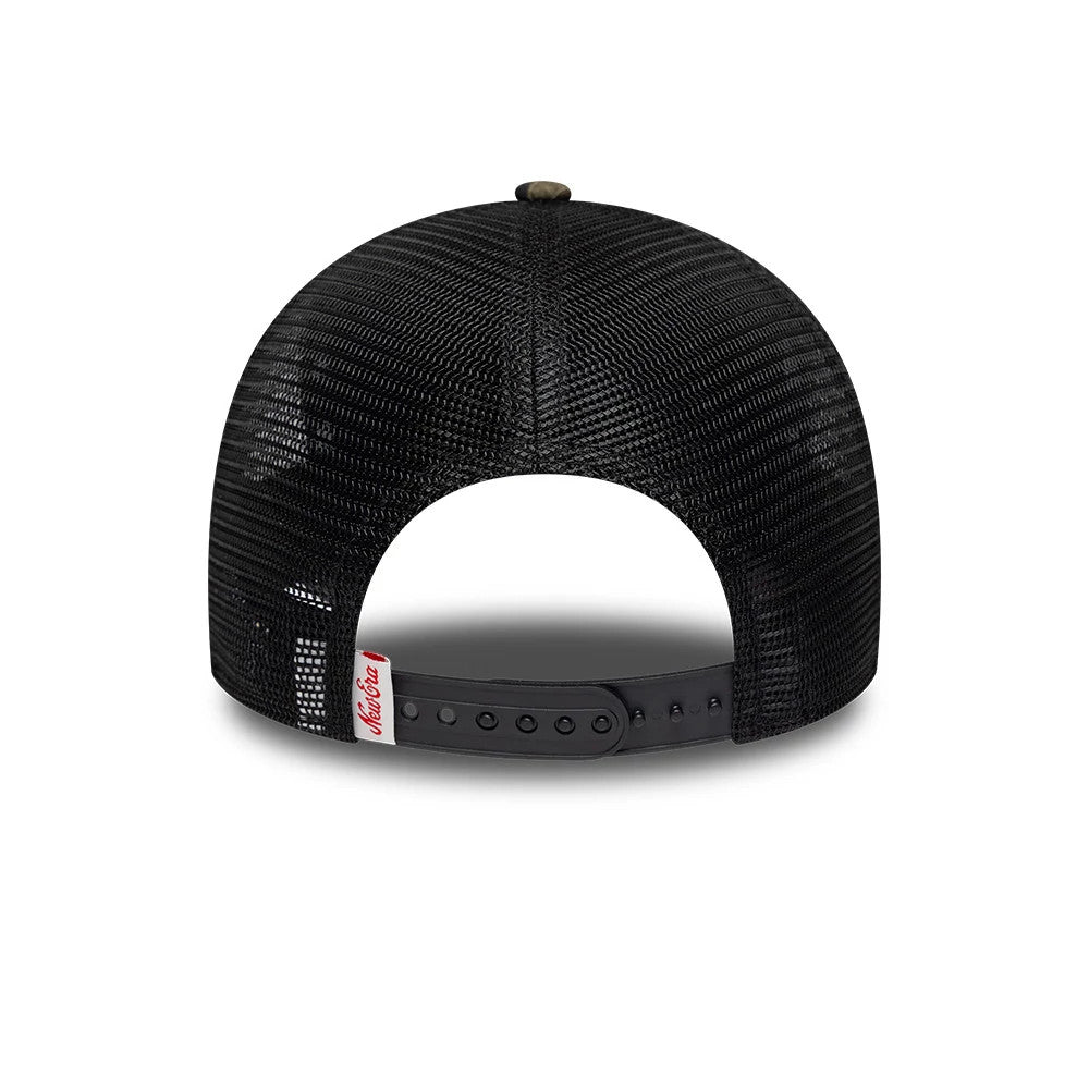 New Era Camo Woodland Camo 9FORTY M-Crown A-Frame Trucker Adjustable Cap, rear view showing the black adjustable snapback closure and mesh panels with an embroidered red New Era logo tab on the left side, beneath the top button.