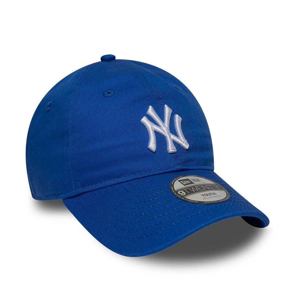 New York Yankees Youth MLB League Essential Blue New Era 9TWENTY Adjustable Cap, three-quarter view showing a raised white embroidered NY logo on the front panel, a curved blue visor with a 9TWENTY size sticker.