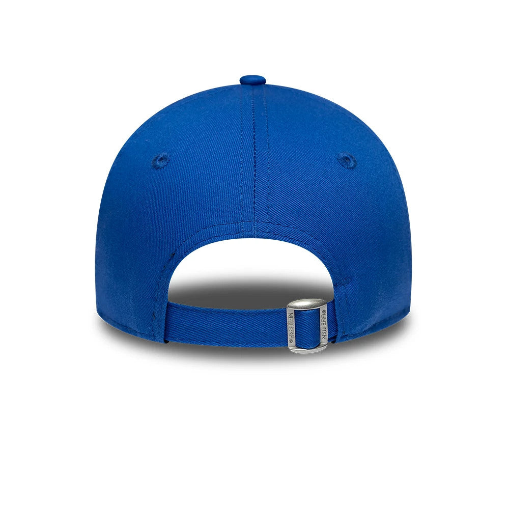 New York Yankees Youth MLB League Essential Blue New Era 9TWENTY Adjustable Cap, rear view showing a structured blue crown with two sewn eyelets, a top button, and a silver buckle slider on the adjustable strap at the back.