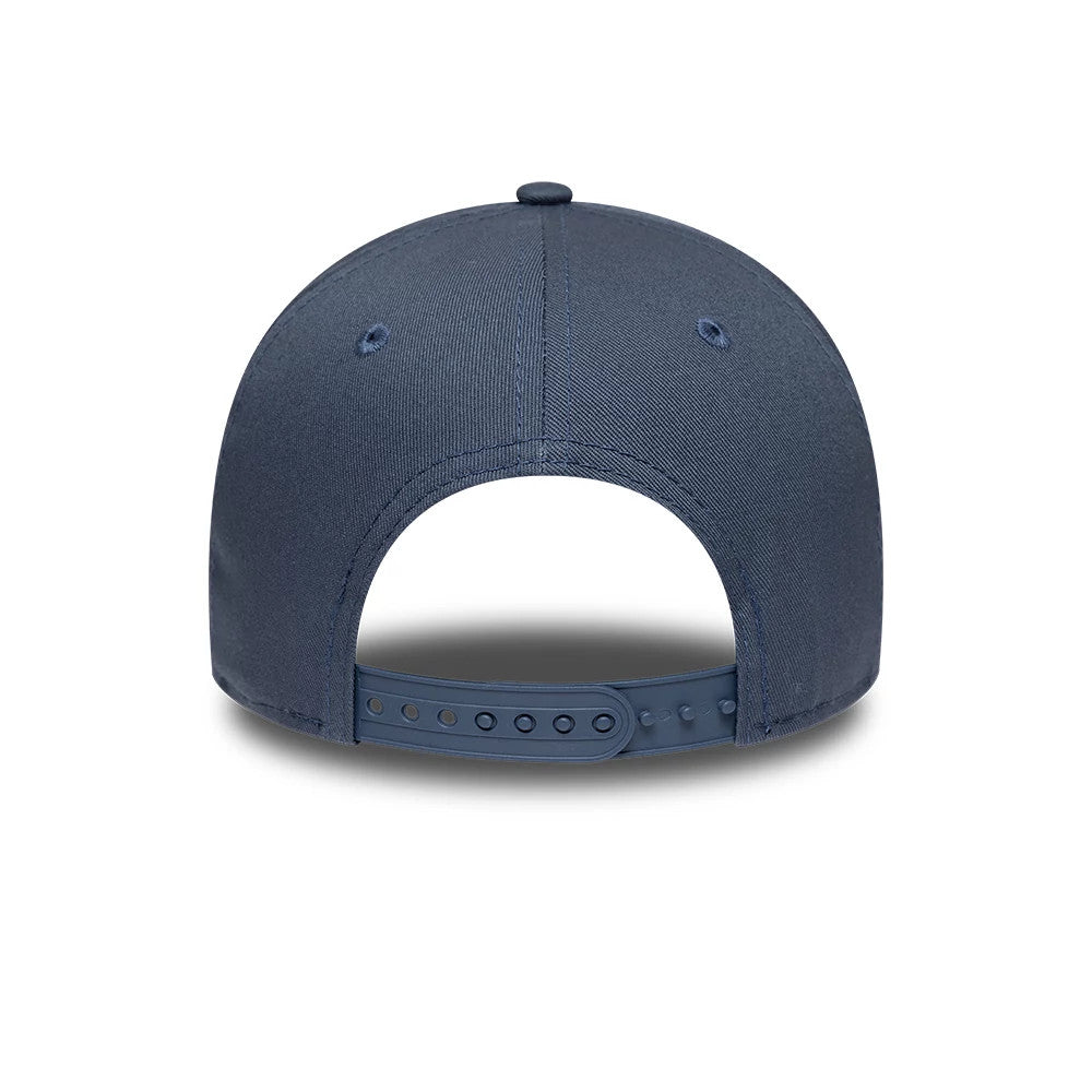 Yankees MLB League Essential Dark Blue New Era 9FORTY E-Frame Adjustable Cap, rear view showing an adjustable strap with multiple holes for customised fit, a dark blue top button, and matching eyelets on the structured crown.