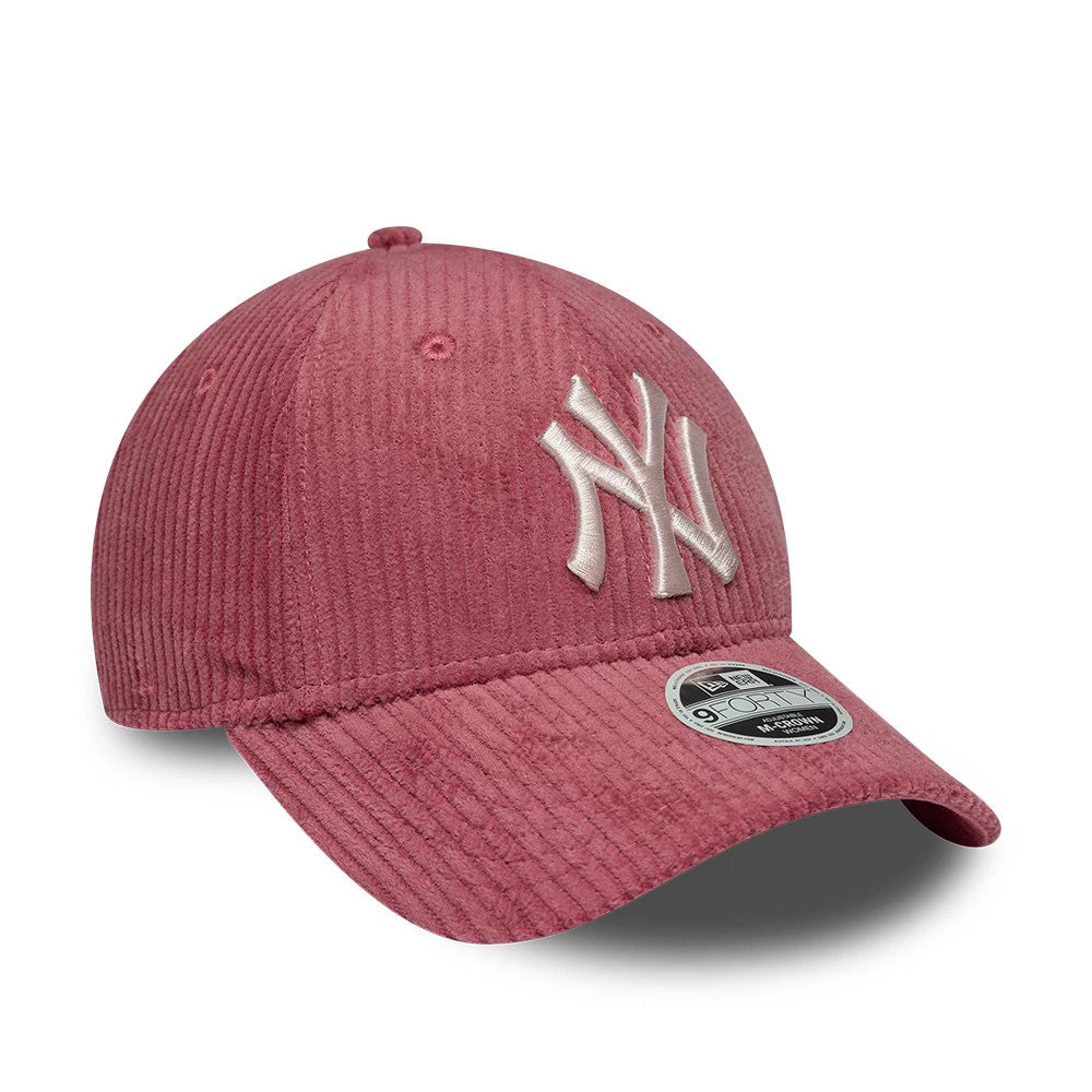 Yankees Womens MLB Chunky Cord Dark Pink New Era 9FORTY M-Crown Adjustable Cap, three-quarter view showing raised white NY logo embroidery on the ribbed dark pink crown, curved visor with 9FORTY size sticker, and coordinating top button.