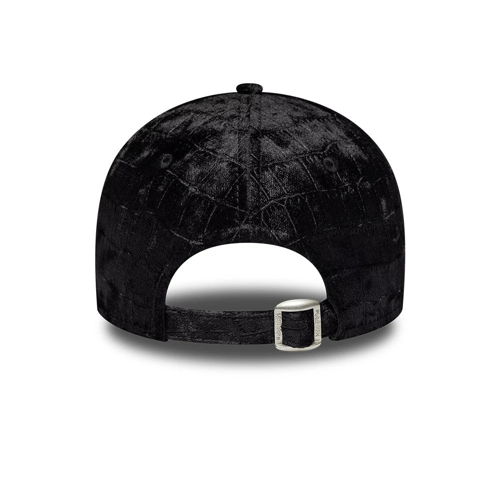 New York Yankees Womens MLB Patterned Velour Black New Era 9FORTY Adjustable Cap, rear view showing the black velour fabric with a textured pattern covering the structured crown, and an adjustable velour strap with a buckle for size adjustment.