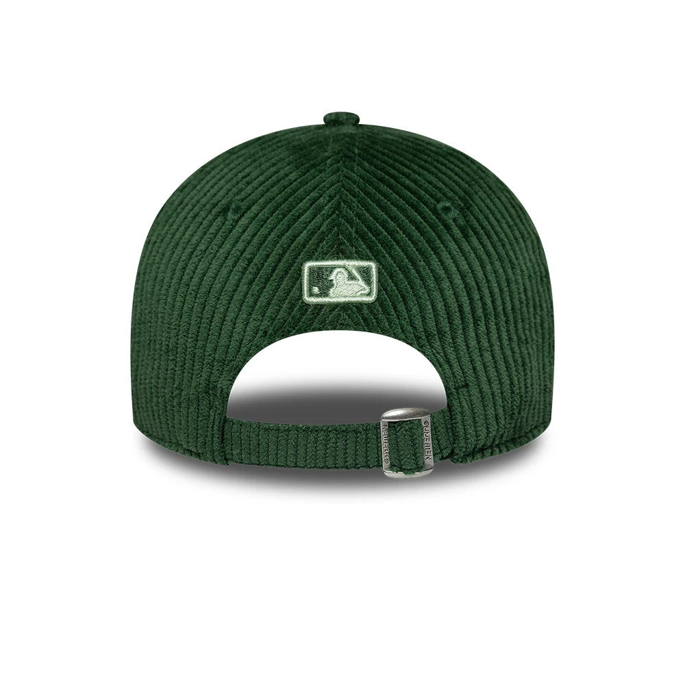 LA Dodgers Womens MLB Chunky Cord Green New Era 9FORTY M-Crown Adjustable Cap, rear view showing the embroidered MLB Batterman logo at the centre of the green corduroy back, with an adjustable strap featuring a buckle at the base.