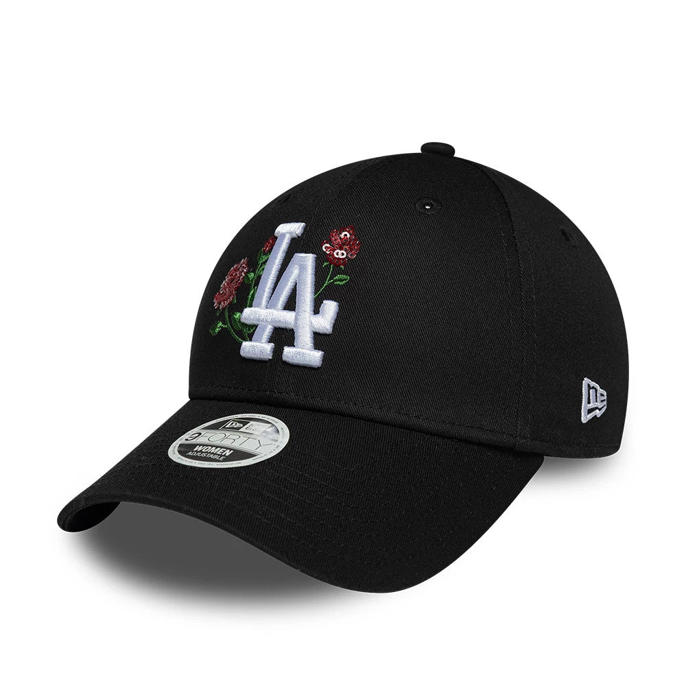 LA Dodgers Womens MLB Rose Sequin Black New Era 9FORTY Adjustable Cap, three-quarter view showing the raised white LA logo with red rose embroidery on the black crown, the New Era flag logo on the left side.