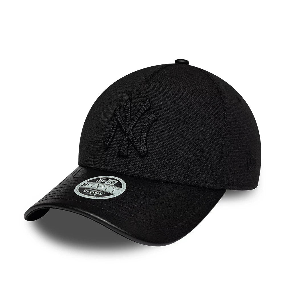 Yankees Womens MLB Fabric Mix Black New Era 9FORTY M-Crown A-Frame Adjustable Cap, front view showing the raised black NY logo in embroidery on the front panel, a curved black visor with a 9FORTY size sticker.