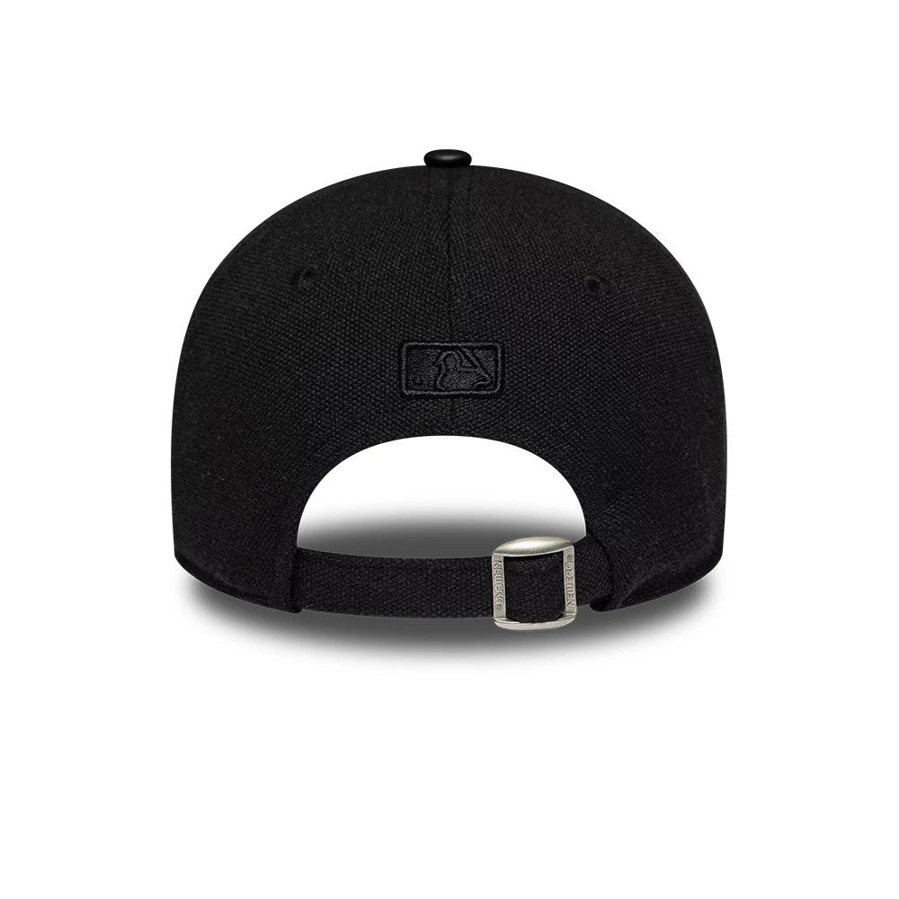 Yankees Womens MLB Fabric Mix Black New Era 9FORTY M-Crown A-Frame Adjustable Cap, rear view showing the black embroidered MLB Batterman logo at the centre back, a silver buckle on the adjustable strap, and a top button.