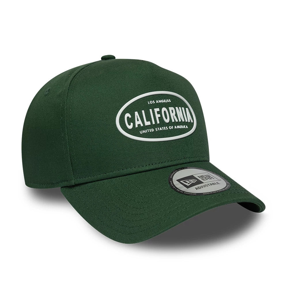 New Era Rubber Logo Dark Green New Era 9FORTY E-Frame Adjustable Cap, three-quarter view showing the raised white California logo with black accents centred on the front panel, a curved dark green visor, and 9FORTY size sticker on the top.