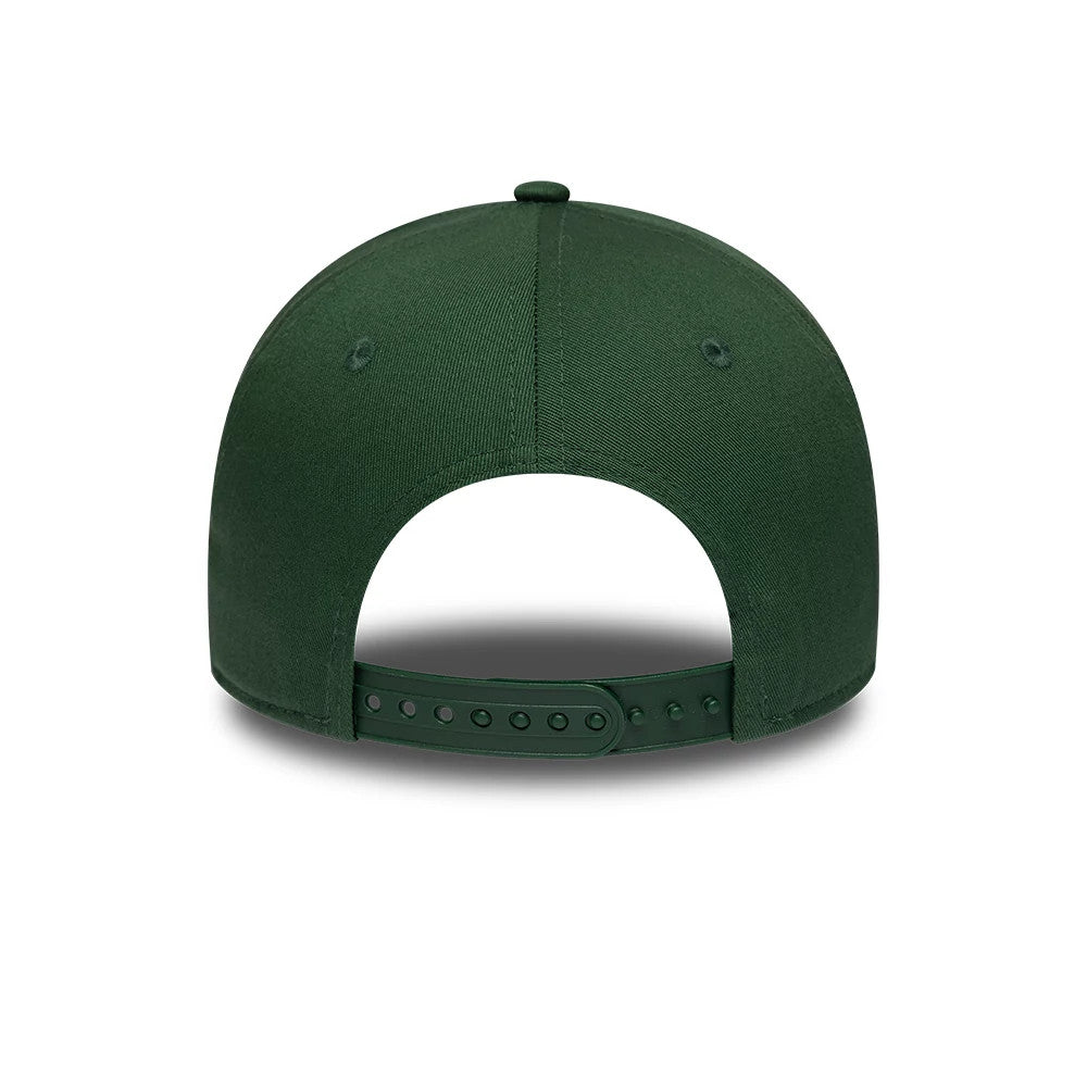New Era Rubber Logo Dark Green 9FORTY E-Frame Adjustable Cap, rear view showing a dark green snap closure with multiple adjustment holes, dark green structured crown with matching embroidered eyelets, and a top button in dark green.