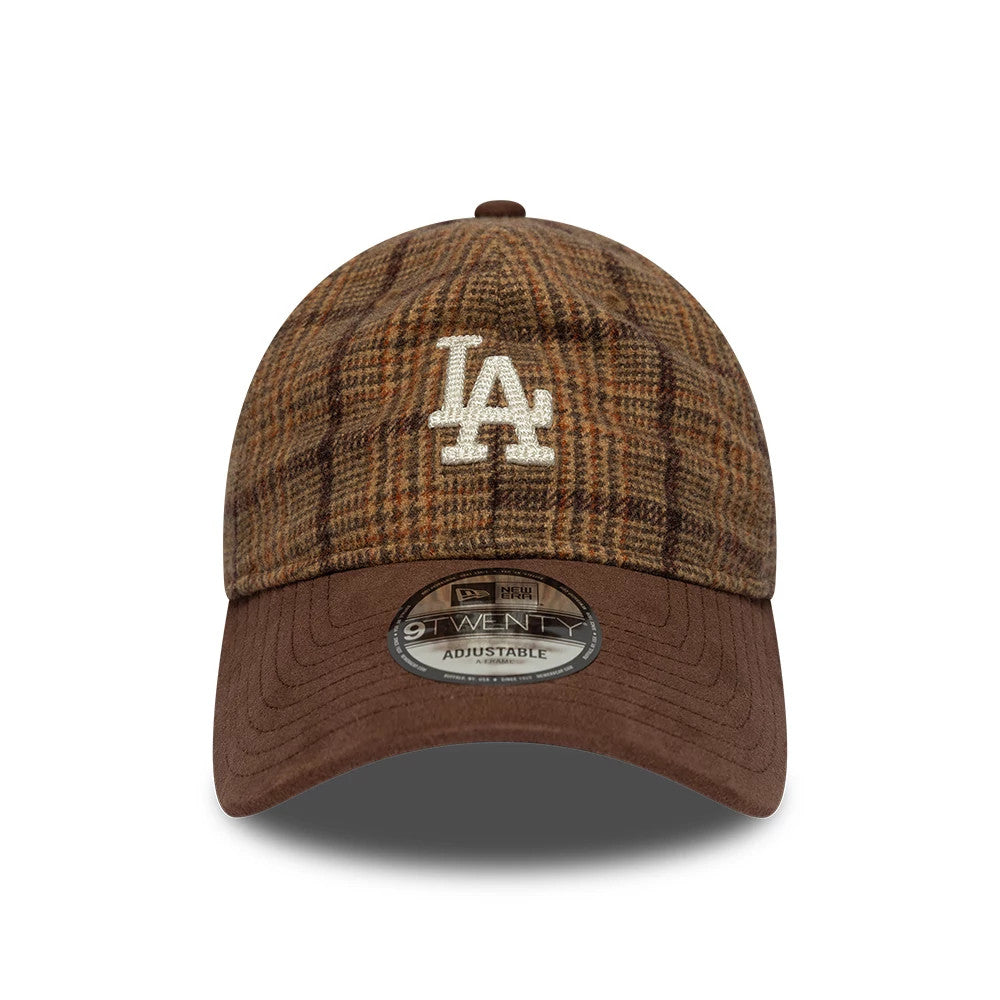 LA Dodgers MLB Plaid Brown New Era 9TWENTY Adjustable Cap, front view showing the white embroidered LA logo on a brown plaid crown, a matching brown curved visor, and the 9TWENTY size sticker centred above the visor.