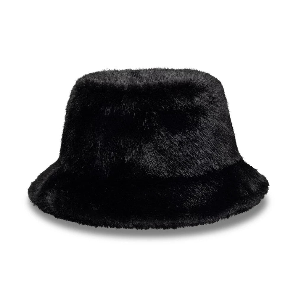 New Era Faux Fur Black Bucket Hat, front view showing the luxurious, soft, and evenly textured faux fur surface with a rounded crown and gently sloping visor, designed for style and warmth in a black colour.