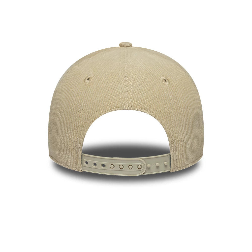 New York Yankees MLB Cord Light Beige New Era 9FORTY E-Frame Adjustable Cap, rear view showing the curved beige visor, beige adjustable strap with multiple holes, and a high corduroy-textured crown featuring embroidered eyelets on each side.