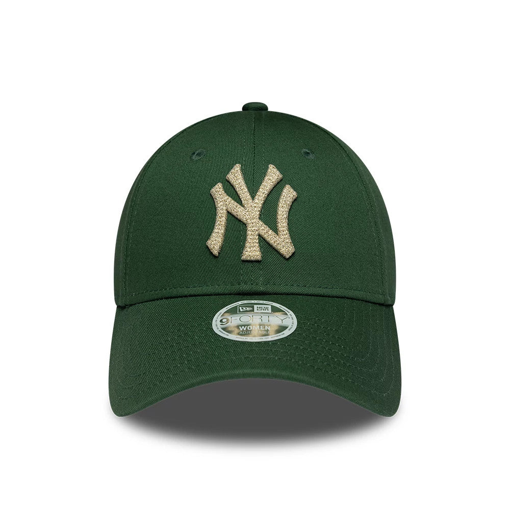 New York Yankees Womens MLB Metallic Dark Green New Era 9FORTY Adjustable Cap, front view showing the gold raised embroidered NY logo on the structured dark green crown, with an arched visor and a 9FORTY size sticker on the centre of the visor.