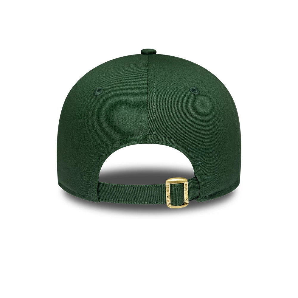 New York Yankees Womens MLB Metallic Dark Green New Era 9FORTY Adjustable Cap, rear view showing the arched opening with a gold buckle on the adjustable strap, set on a structured dark green crown with matching eyelets.