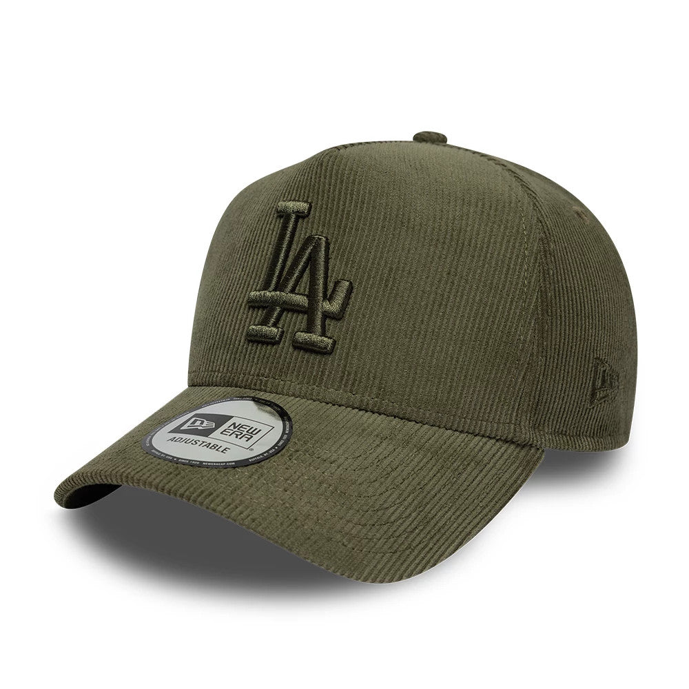 LA Dodgers MLB Cord Green New Era 9FORTY E-Frame Adjustable Cap, three-quarter view showing the raised embroidered LA logo on the front panel, curved green visor with 9FORTY size sticker, and New Era flag logo on the left side.
