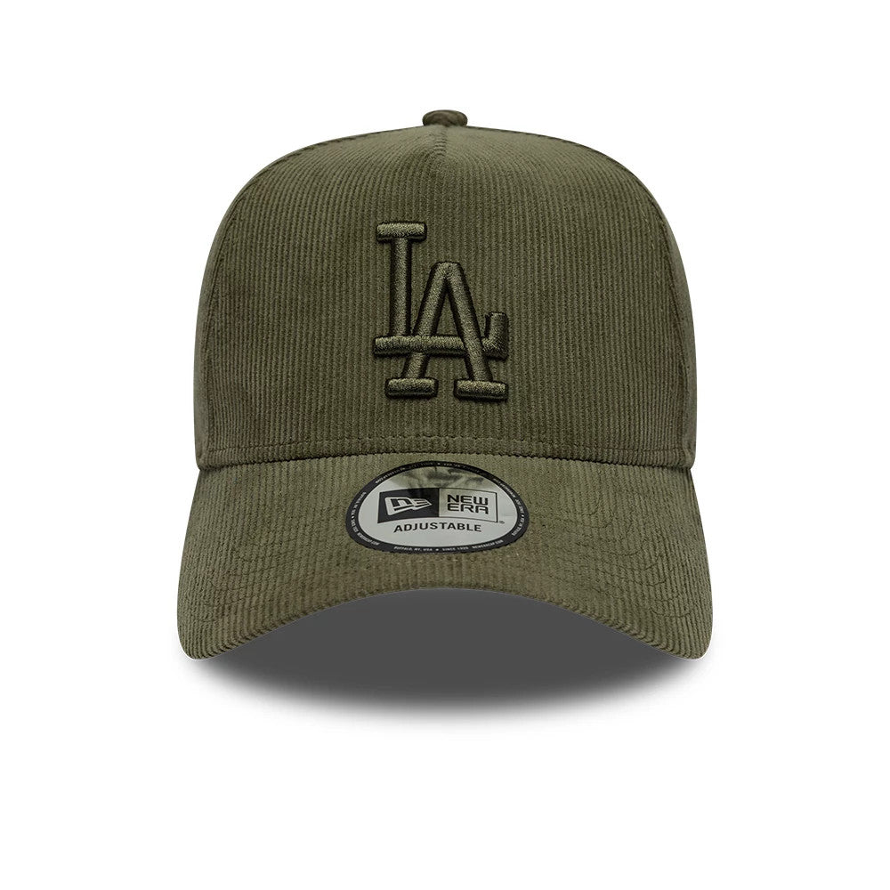 LA Dodgers MLB Cord Green New Era 9FORTY E-Frame Adjustable Cap, front view showing a dark green embroidered LA logo on the structured corduroy front panel, with a curved visor and a 9FORTY size sticker centred on the visor.