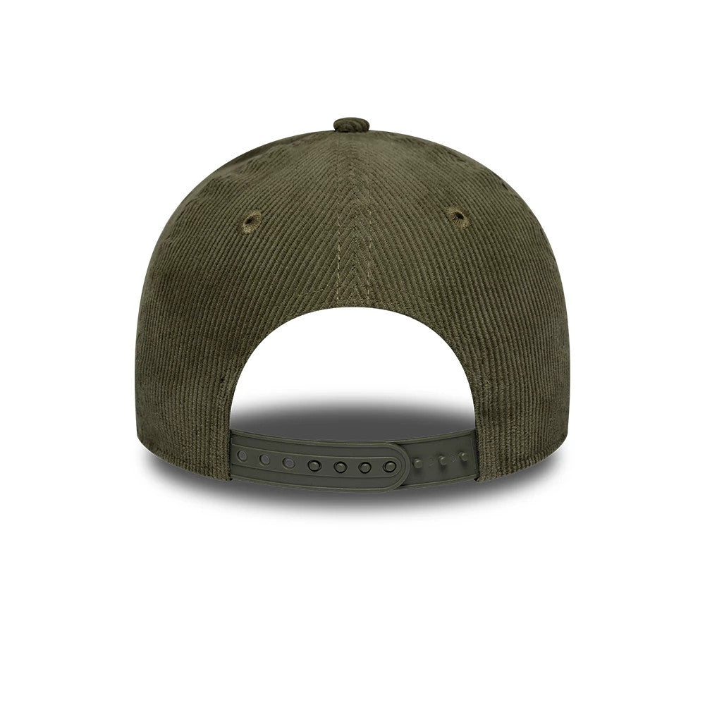 LA Dodgers MLB Cord Green New Era 9FORTY E-Frame Adjustable Cap, rear view showing the green embroidered MLB Batterman logo at the centre of the back panels, a textured corduroy fabric, and an adjustable dark green snap closure.