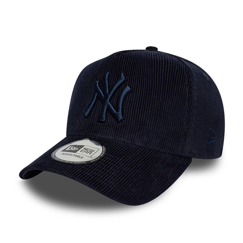 New York Yankees MLB Cord Navy New Era 9FORTY E-Frame Adjustable Cap, front view showing the raised NY logo in navy embroidery on the navy corduroy textured crown, with a curved visor featuring a 9FORTY size sticker on top.