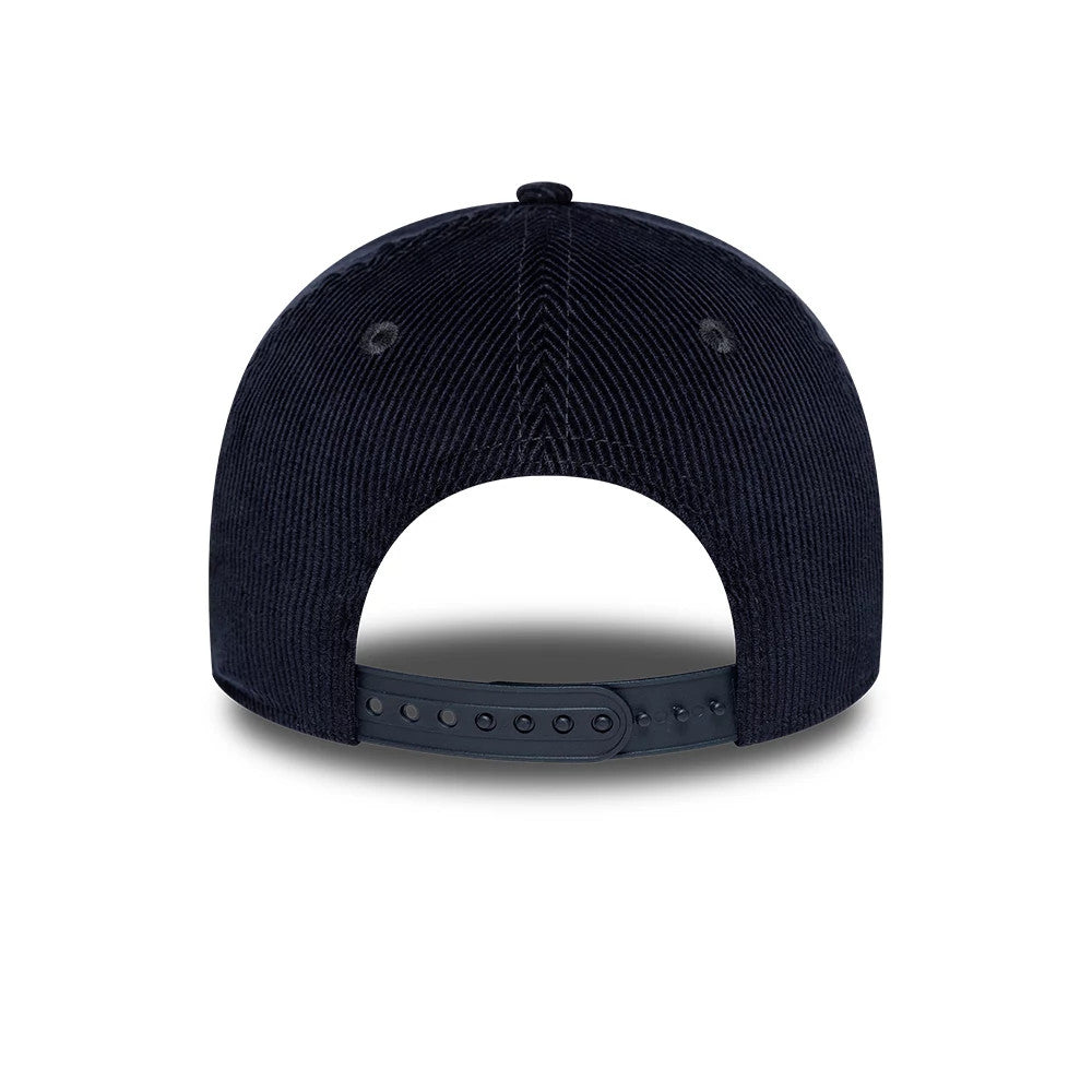 New York Yankees MLB Cord Navy New Era 9FORTY E-Frame Adjustable Cap, rear view showing the adjustable navy strap with snap closure, detailed cord texture on the structured back panels, and no logo on the centre back.