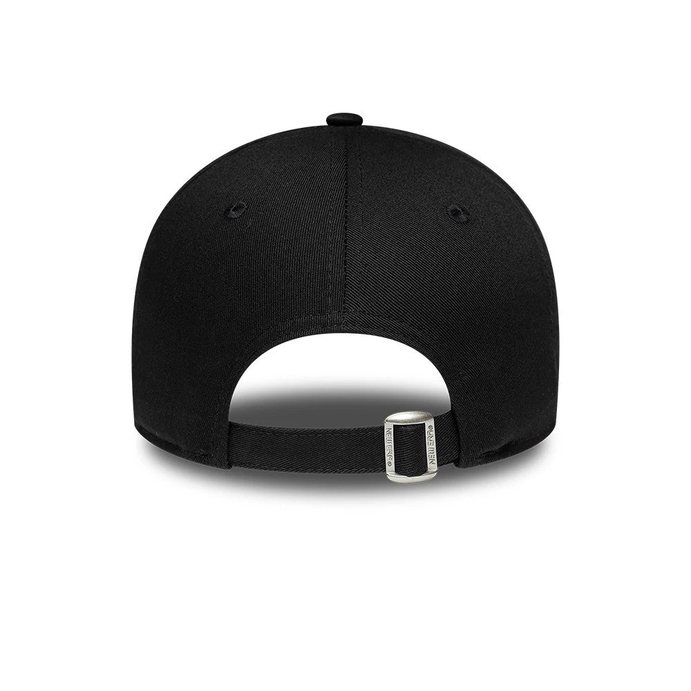 New York Yankees Womens MLB Infill Black New Era 9FORTY Adjustable Cap, rear view showing the black adjustable strap with buckle for size customisation, embroidered eyelets on the structured black crown and a curved visor.