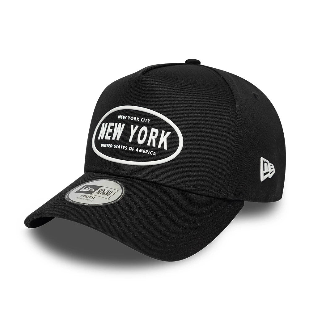 Youth New Era Rubber Black 9FORTY E-Frame Adjustable Cap, three-quarter view showing raised white New York embroidery on the front panel, curved black visor with a 9FORTY size sticker, and the New Era flag logo on the left side.