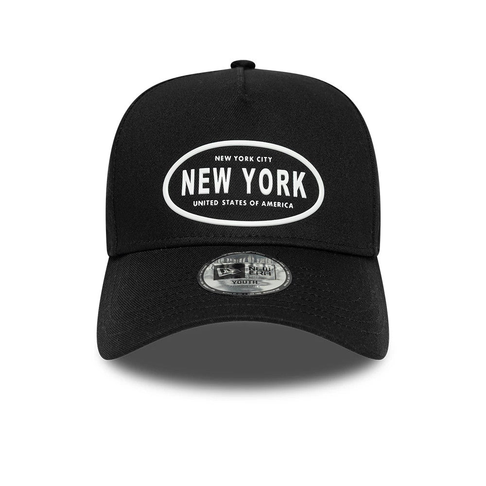 Youth New Era Rubber Black 9FORTY E-Frame Adjustable Cap, front view showing white embroidered text in an oval on the front panel reading New York City and United States of America, with a 9FORTY size sticker on the black curved visor.