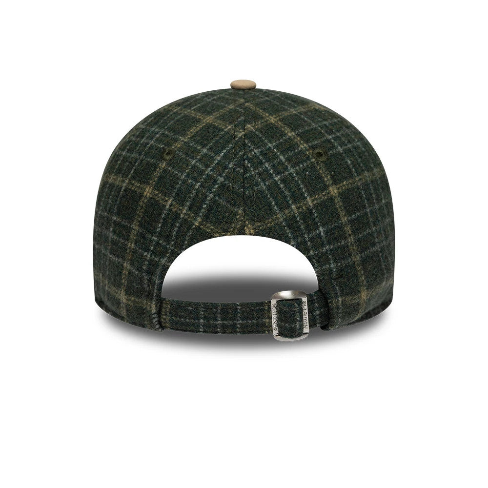 Yankees MLB Plaid Dark Green & Light Beige New Era 9TWENTY Adjustable Cap, rear view showing a dark green and light beige plaid pattern across the structured crown, with a silver adjustable buckle strap and beige top button.