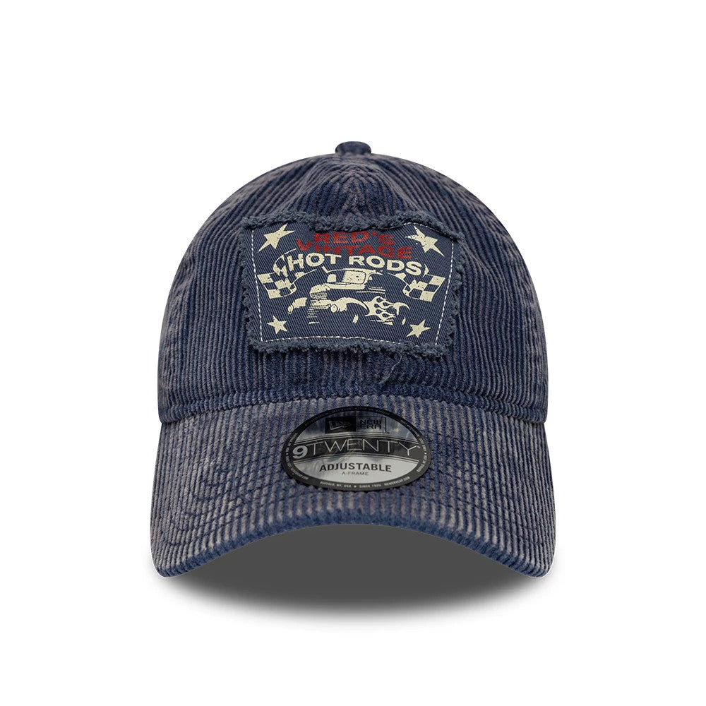 New Era Patch Acid Cord Dark Blue New Era 9TWENTY Adjustable Cap, front view showing a vintage hot rods patch design in red, white, and black on the front panel, with an acid wash effect and a 9TWENTY size sticker on the curved visor.