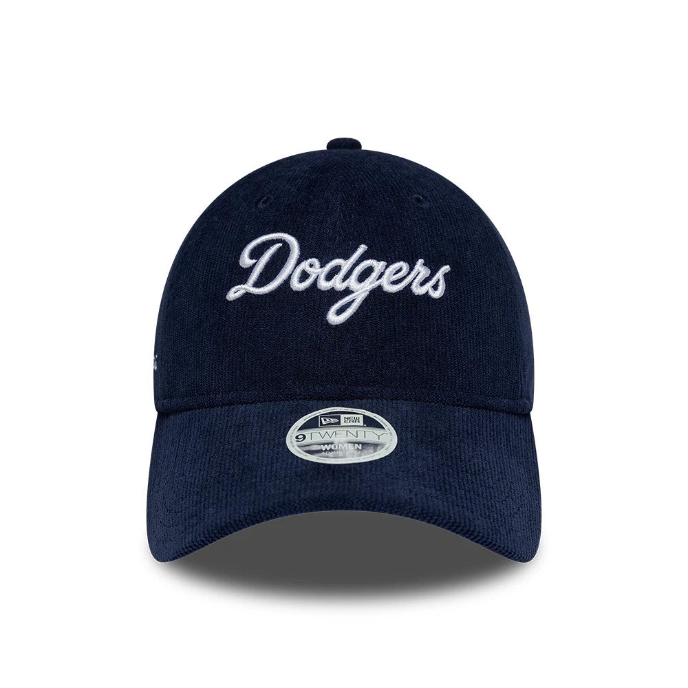 LA Dodgers Womens MLB Script Cord Navy New Era 9TWENTY Adjustable Cap, front view showing white Dodgers script in raised embroidery on the navy crown, with a 9TWENTY size sticker on the matching navy visor.