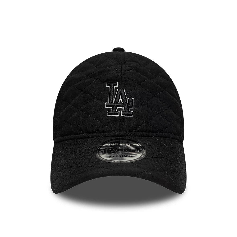 LA Dodgers MLB Padded Outline Black New Era 9TWENTY Adjustable Cap, front view showing the raised black and white LA logo embroidered on the quilted black crown, with a 9TWENTY size sticker centred on the curved visor.