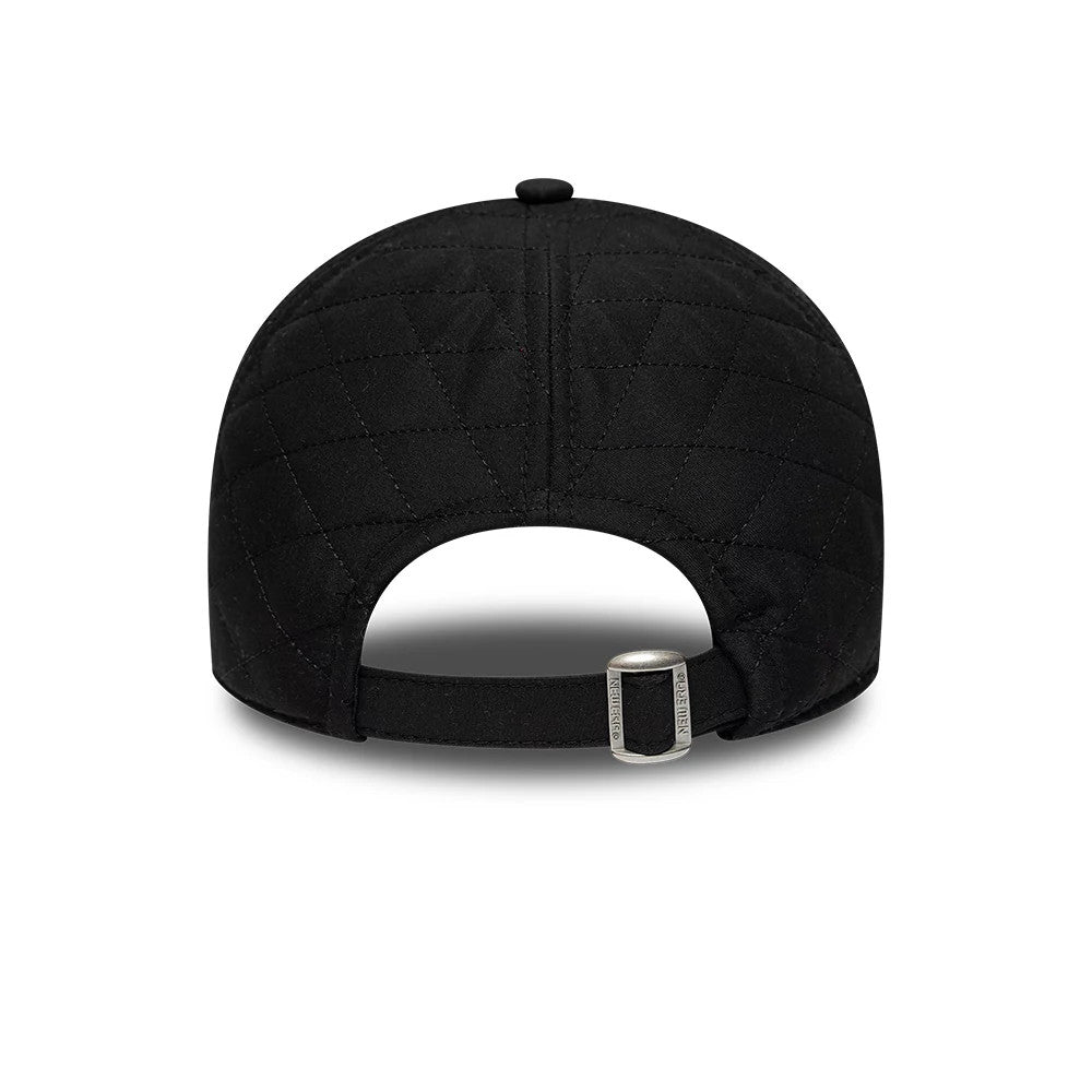 LA Dodgers MLB Padded Outline Black New Era 9TWENTY Adjustable Cap, rear view showing the quilted black fabric arranged in a triangular pattern, a silver engraved buckle on the adjustable strap, and the top button in a matching black colour.