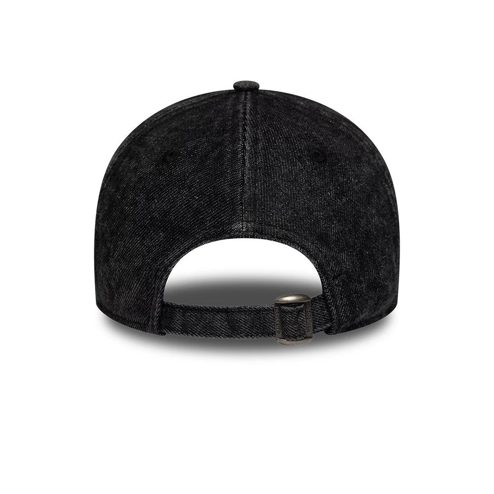 New York Yankees MLB Washed Denim Black New Era 9TWENTY Adjustable Cap, rear view showing the buckle strap closure at the back, soft unstructured black denim crown, and eyelet on the panels.