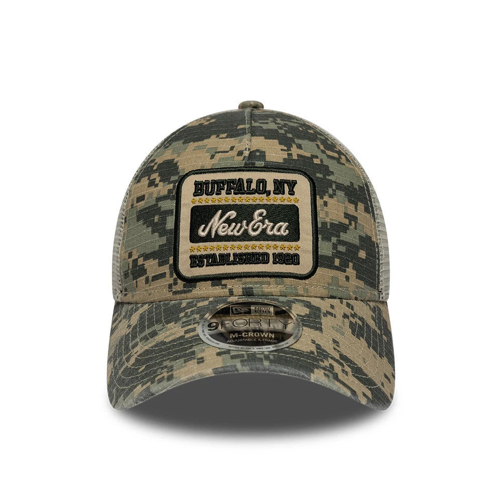 New Era Camo Dark Green 9FORTY M-Crown A-Frame Trucker Adjustable Cap, front view showing a camo-patterned structured crown with a woven patch featuring Buffalo NY text above New Era script, and a 9FORTY size sticker on the curved camo visor.
