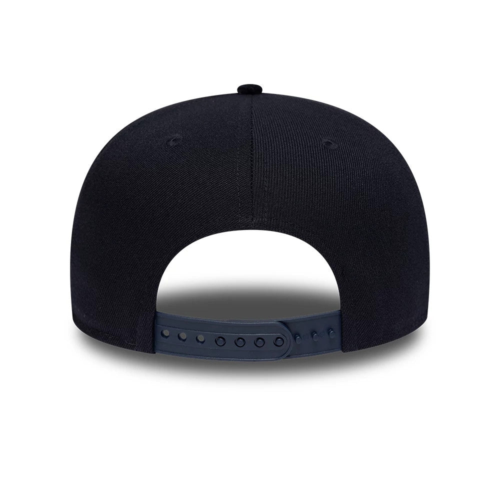 Dodgers MLB Cord Visor Navy New Era 9FIFTY Original Fit Snapback Adjustable Cap, rear view showing a navy plastic snap closure on the adjustable back strap, with matching navy panels and a top button on the structured crown design.