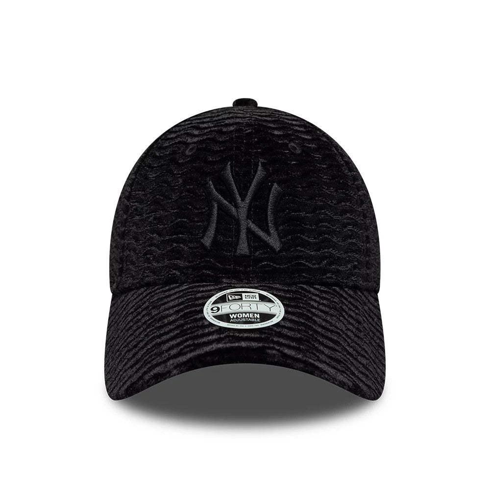 New York Yankees Womens MLB Velour Black New Era 9FORTY Adjustable Cap, front view showing the raised black NY logo in thick stitching on the structured velour panels, with a 9FORTY size sticker placed on the slightly curved black visor.