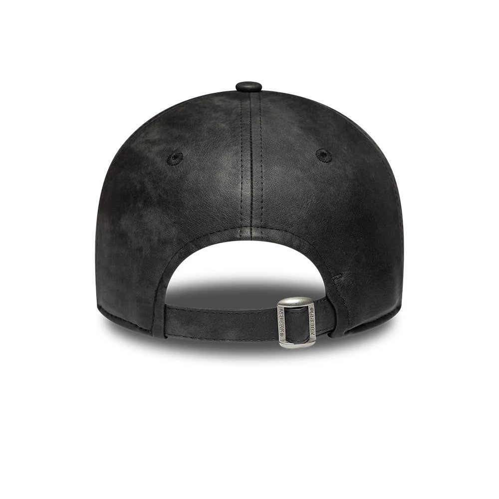 New York Yankees Womens MLB Washed PU Black New Era 9TWENTY Adjustable Cap, rear view showing a washed black finish on the crown, an open back with an adjustable strap featuring a buckle, and eyelets for ventilation.