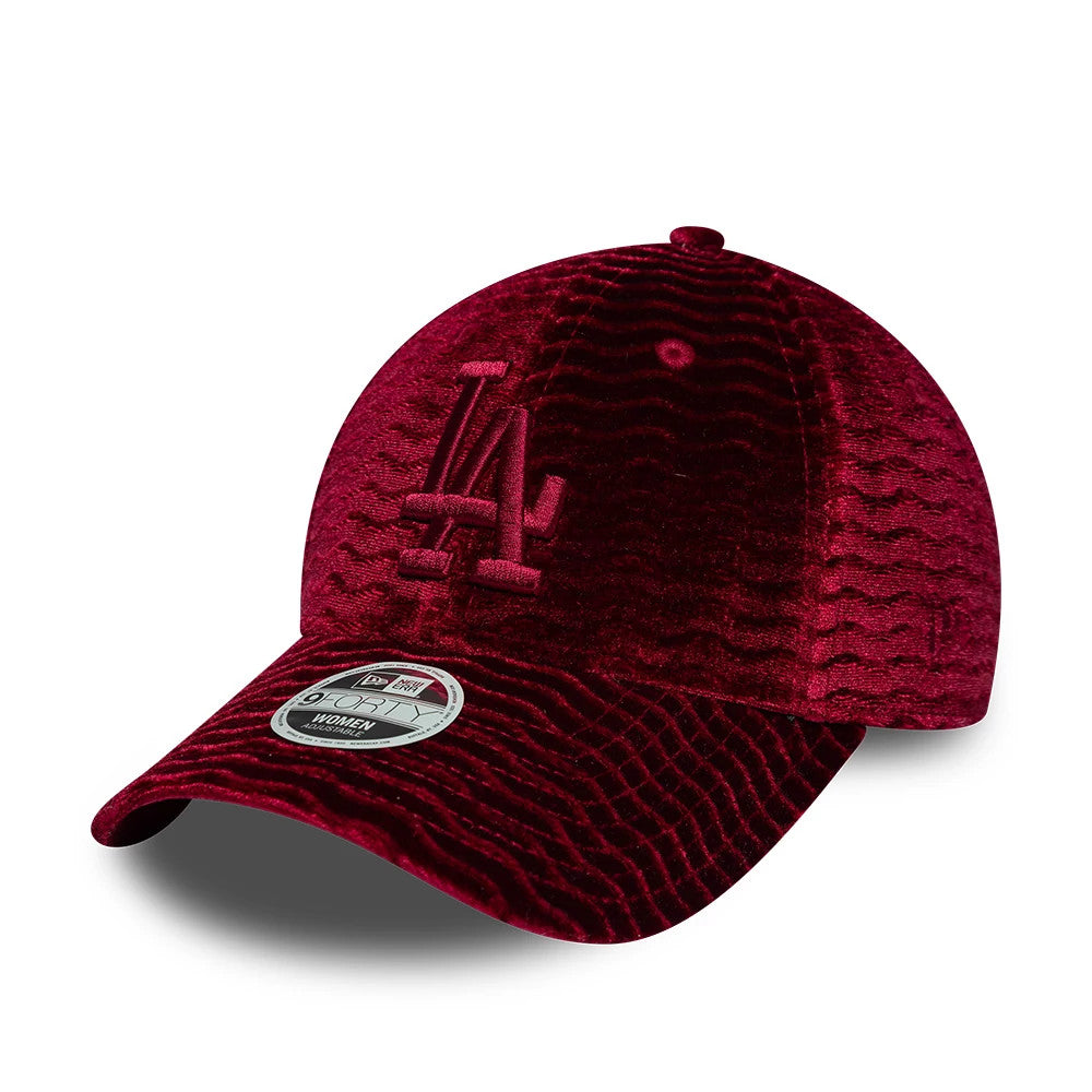LA Dodgers Womens MLB Velour Dark Red New Era 9FORTY Adjustable Cap, front view showing the raised dark red LA logo embroidered on the structured velour crown, a curved visor and the 9FORTY size sticker on the visor.
