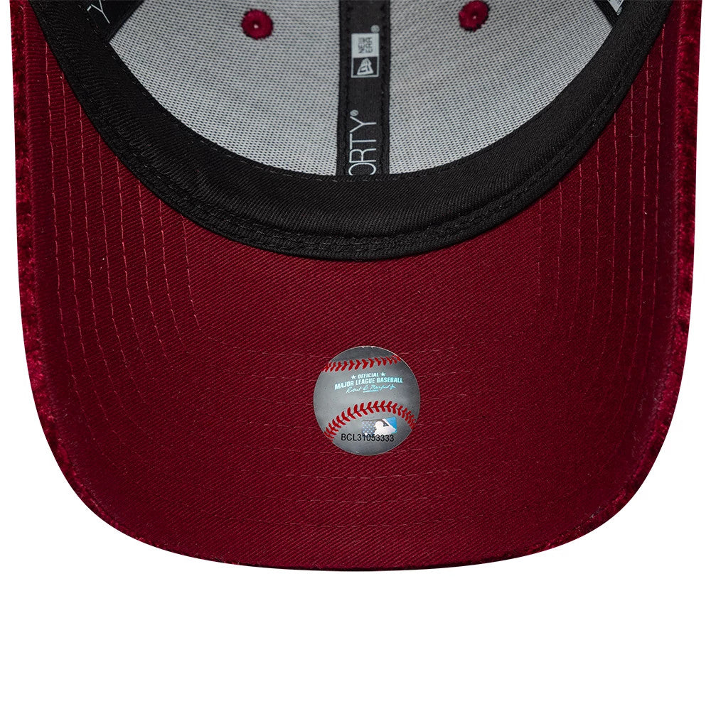 LA Dodgers Womens MLB Velour Dark Red New Era 9FORTY Adjustable Cap, inside view showing the black sweatband, grey inner taping with 9FORTY branding, and a baseball hologram sticker on the dark red undervisor.
