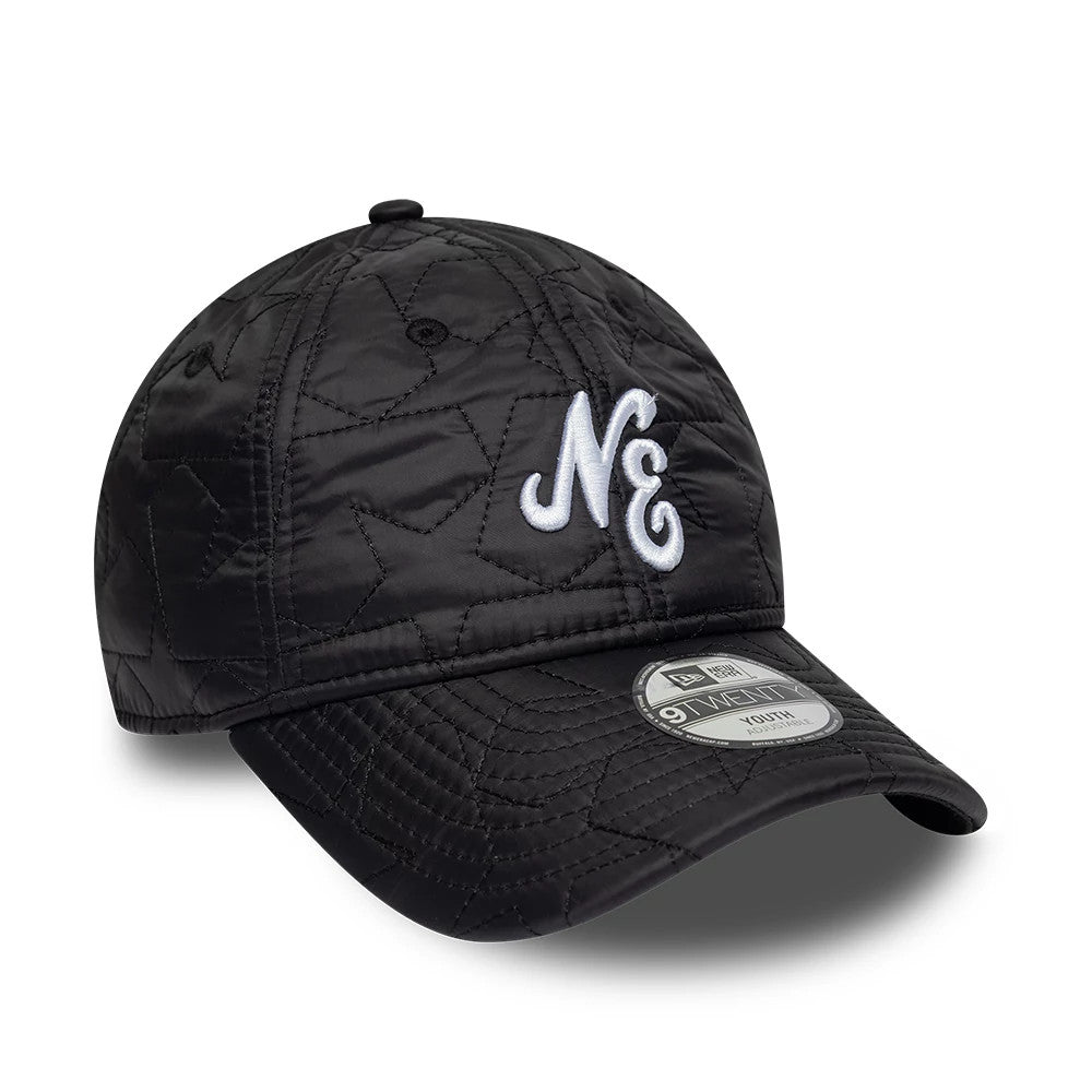 Youth New Era Star Padded Black 9TWENTY Adjustable Cap, front view showing the white embroidered NE logo on the padded black crown with a star pattern, complemented by a curved visor featuring the 9TWENTY size sticker.