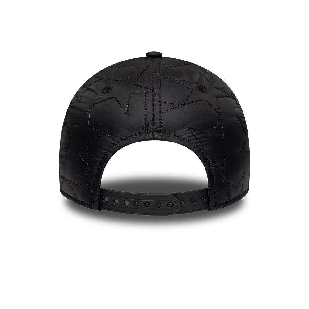 Youth New Era Star Padded Black 9TWENTY Adjustable Cap, rear view showing a black adjustable strap with black snap closure, star-shaped quilting across the black padded panels, and two embroidered eyelets on the crown.