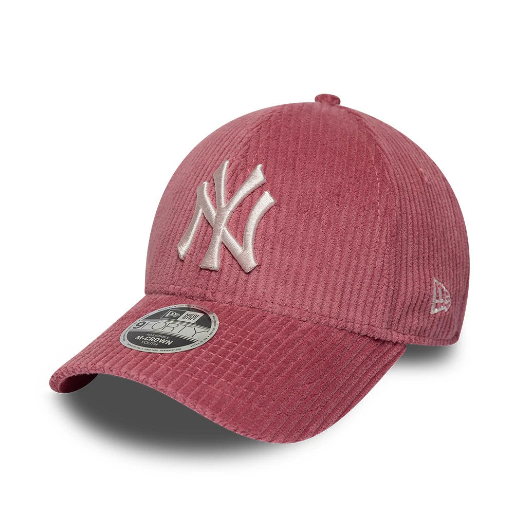 New York Yankees Youth MLB Cord Dark Red New Era 9FORTY M-Crown Adjustable Cap, three-quarter view showing the raised white NY logo in embroidery on the front panel, with a matching curved visor and the New Era flag logo on the left side.