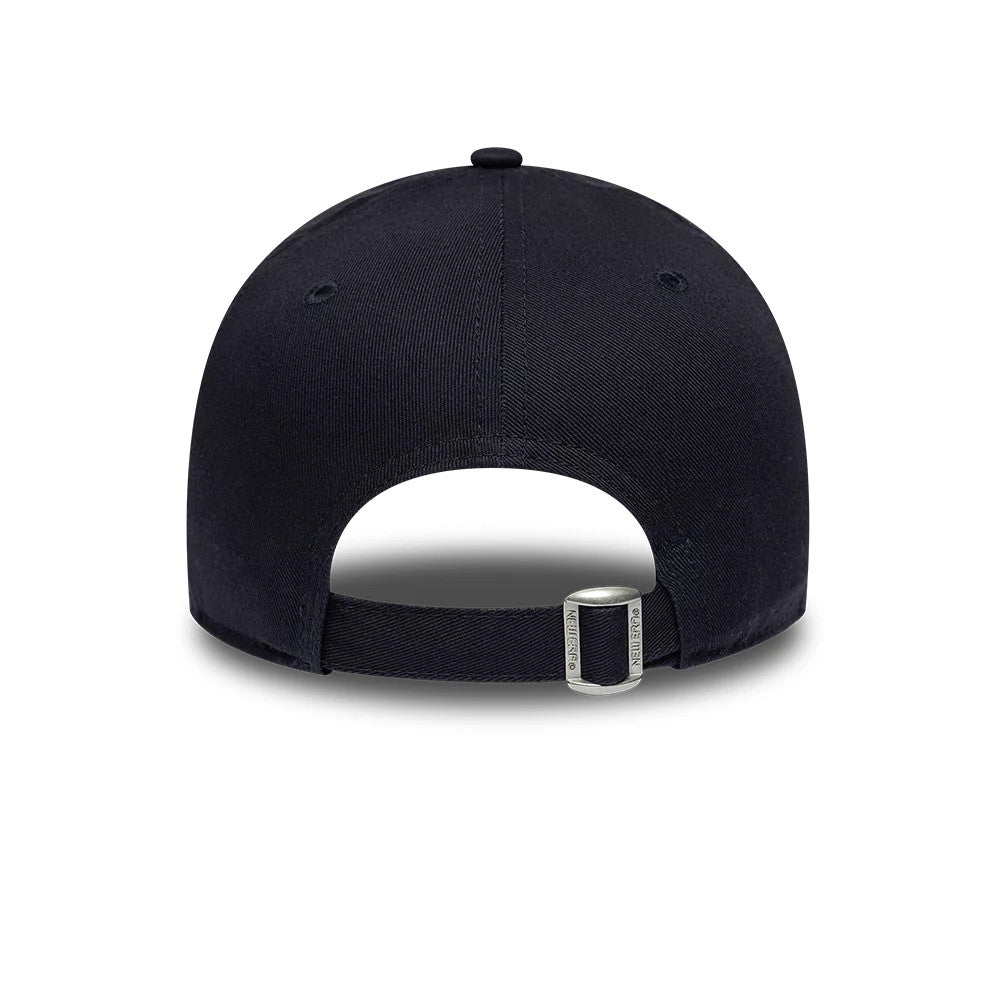 New York Yankees Youth MLB Heart Icon Navy New Era 9FORTY Adjustable Cap, rear view showing the silver buckle on the adjustable strap, navy crown with matching eyelets and top button, and a curved opening at the back.