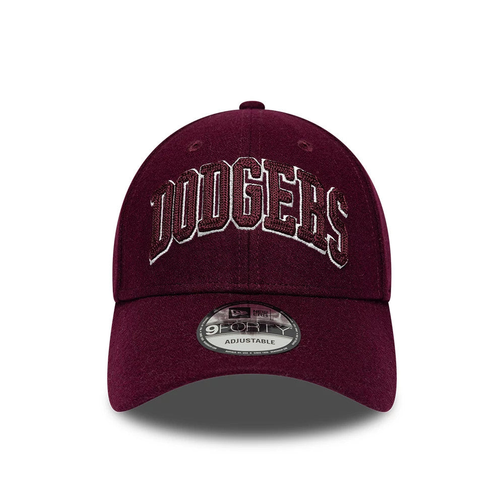 LA Dodgers MLB Script Dark Purple New Era 9FORTY Adjustable Cap, front view showing white and purple embroidered Dodgers lettering on the structured crown, with matching dark purple curved visor and 9FORTY size sticker on the visor.