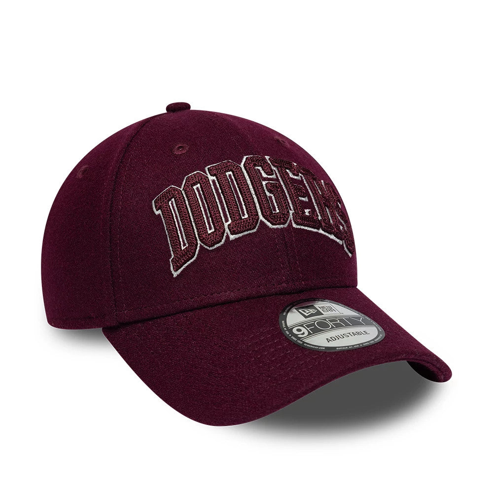 LA Dodgers MLB Script Dark Purple New Era 9FORTY Adjustable Cap, front view with raised white embroidered Dodgers script logo on the structured dark purple crown, curved visor and a 9FORTY size sticker on the visor.